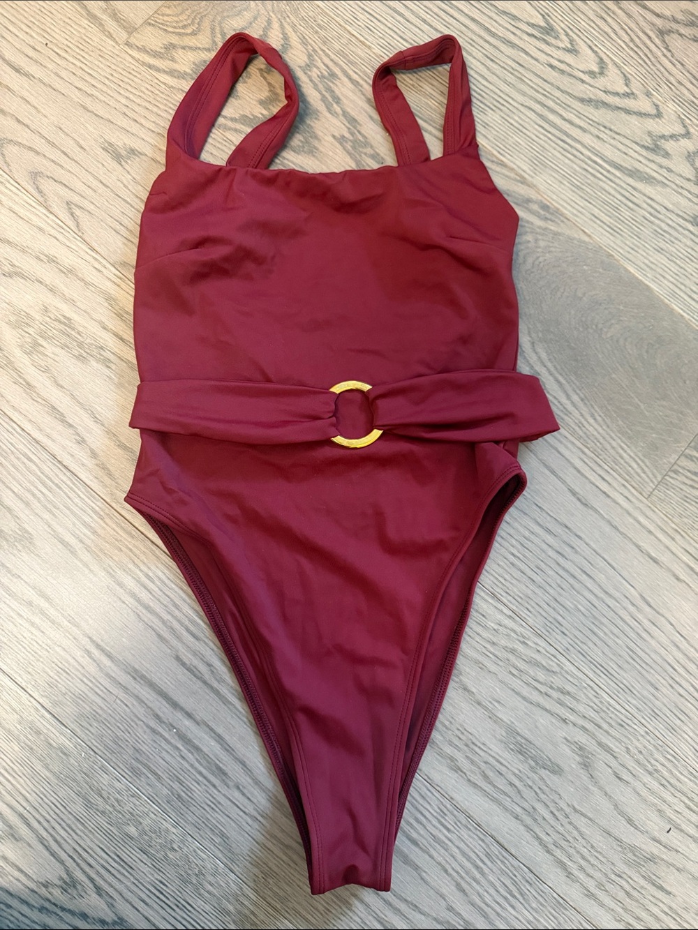 Burgundy One-Piece Swimsuit with Gold Ring Belt